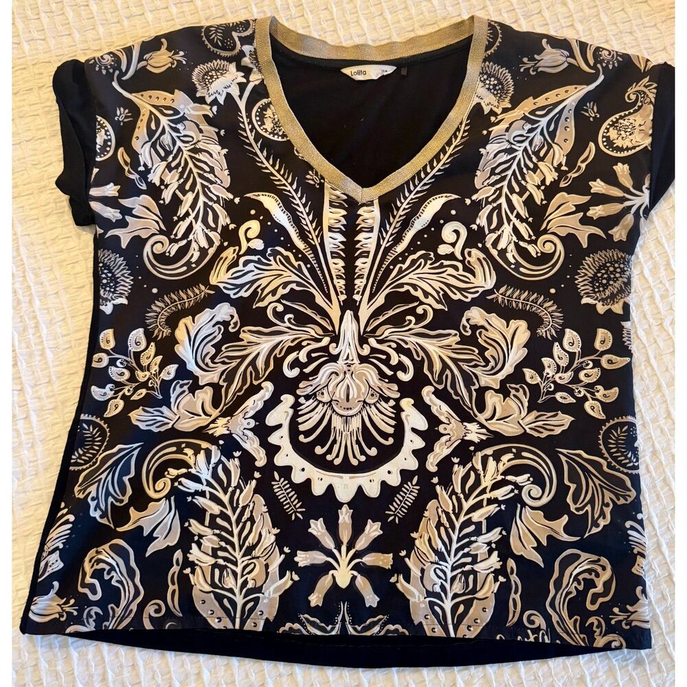 Lolita Baroque Damask Print V-Neck Top Black Gold Shirt- Medium